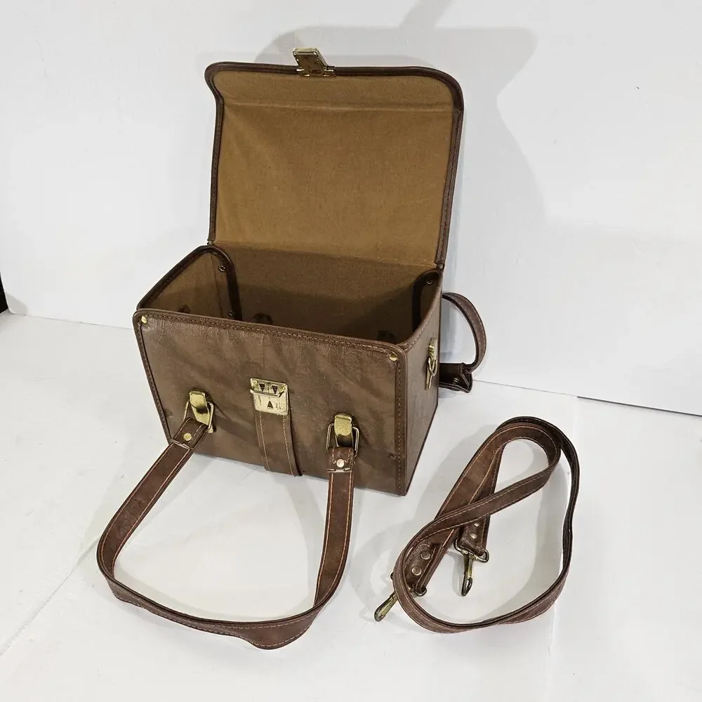 Vintage Brown Leather Camera Case Hard Shell Retro Travel Bag w/ Strap